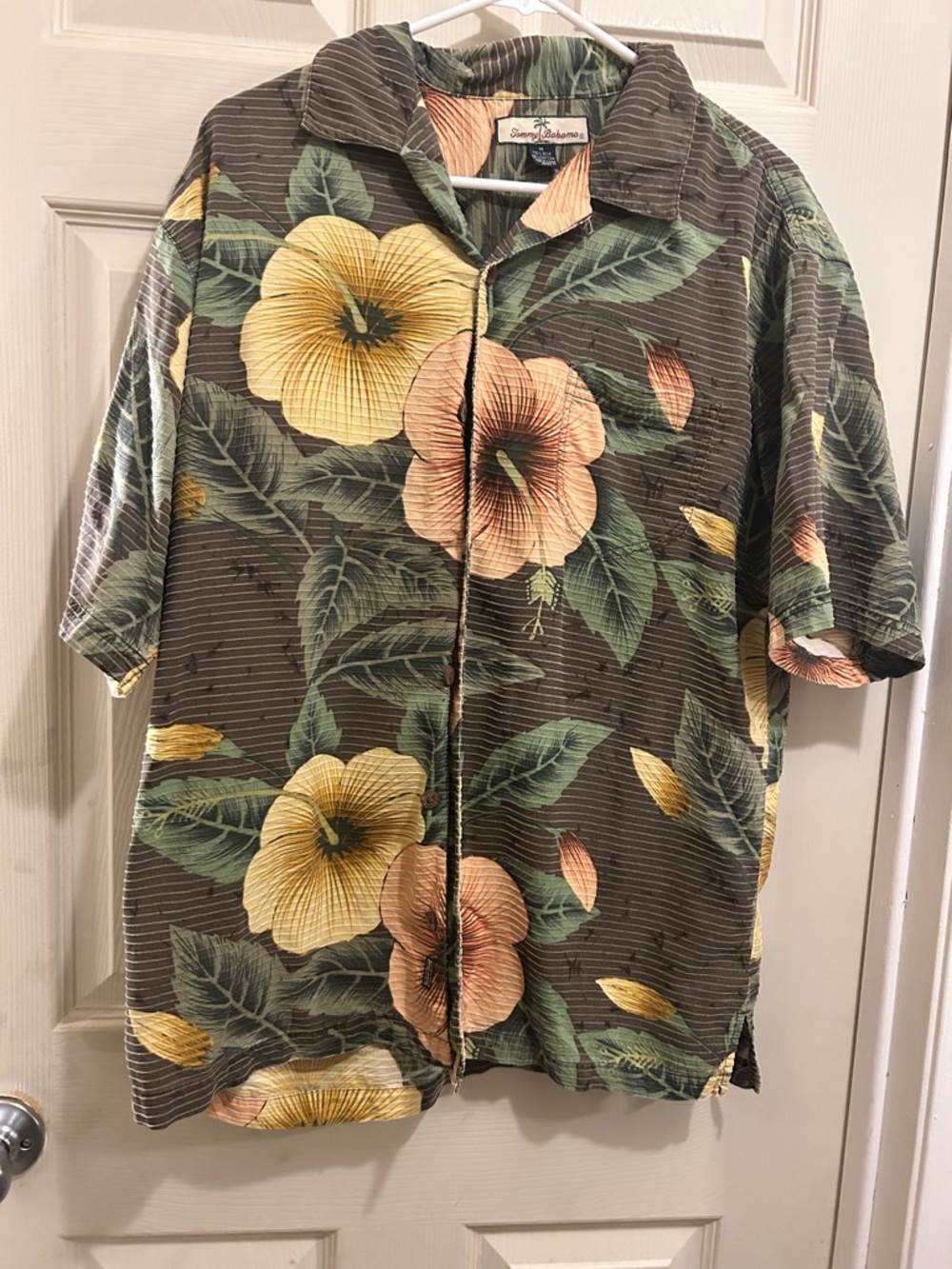 Tommy Bahama Olive Camp Shirt with Yellow & Peach Floral Accents - size medium
